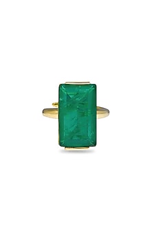 Gold Finish Emerald Green Natural Stone Aztec Adjustable Ring In Sterling Silver
