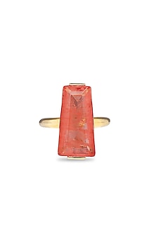 Gold Finish Coral Orange Moon Stone Adjustable Ring In Sterling Silver