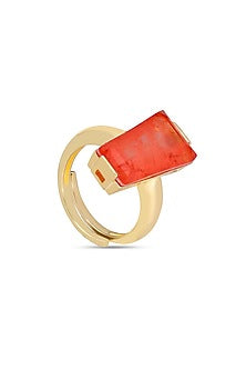 Gold Finish Coral Orange Moon Stone Adjustable Ring In Sterling Silver