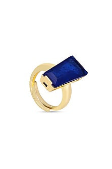 Gold Finish Blue Moon Stone Adjustable Ring In Sterling Silver