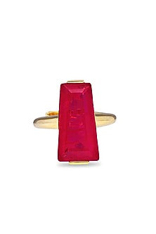 Gold Finish Deep Pink Moon Stone Adjustable Ring In Sterling Silver