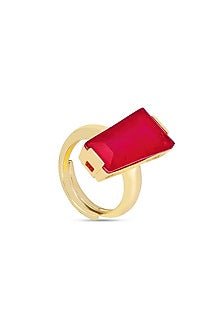 Gold Finish Deep Pink Moon Stone Adjustable Ring In Sterling Silver