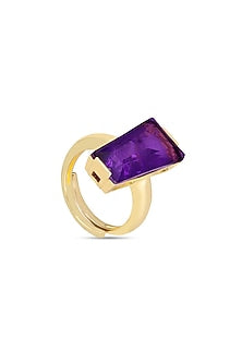 Gold Finish Purple Moon Stone Adjustable Ring In Sterling Silver