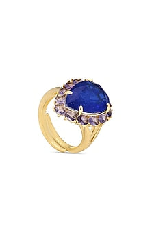 Gold Finish Dark Blue & Purple Natural Stone Adjustable Ring In Sterling Silver