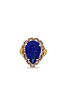 Gold Finish Dark Blue & Purple Natural Stone Adjustable Ring In Sterling Silver