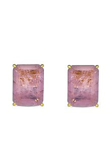 Gold Finish Plum Pink Natural Stone Geometric Stud Earrings In Sterling Silver