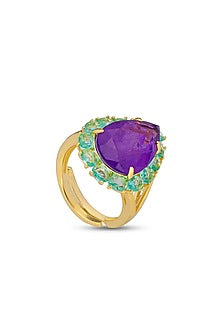 Gold Finish Light Blue & Purple Natural Stone Adjustable Ring In Sterling Silver