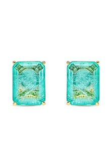 Gold Finish Pale Turquoise Natural Stone Geometric Stud Earrings In Sterling Silver