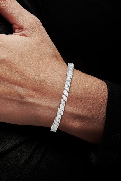 White Rhodium Finish Marquise-Shaped Cubic Zirconia Crystal Tennis Bracelet In Sterling Silver