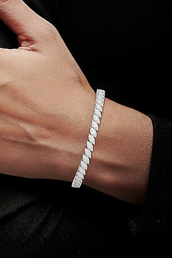 White Rhodium Finish Marquise-Shaped Cubic Zirconia Crystal Tennis Bracelet In Sterling Silver
