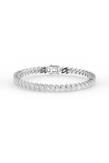 White Rhodium Finish Marquise-Shaped Cubic Zirconia Crystal Tennis Bracelet In Sterling Silver
