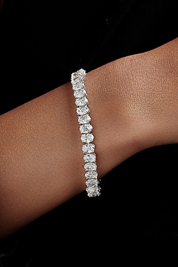 White Rhodium Finish Oval-Shaped Cubic Zirconia Crystal Tennis Bracelet In Sterling Silver