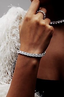 White Rhodium Finish Square-Shaped Cubic Zirconia Crystal Tennis Bracelet In Sterling Silver