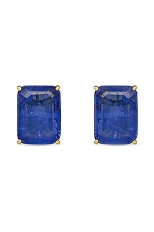 Gold Finish Royal Blue Natural Stone Geometric Stud Earrings In Sterling Silver