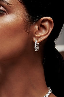 White Rhodium Finish Cubic Zirconia Crystal Hoop Earrings In Sterling Silver