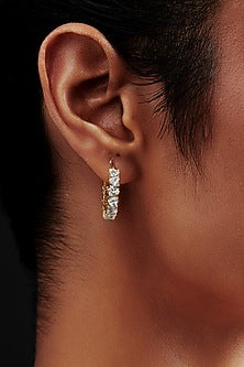 Gold Finish Heart-Shaped Cubic Zirconia Crystal Hoop Earrings In Sterling Silver