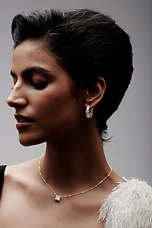 Gold Finish Square-Shaped Cubic Zirconia Crystal Hoop Earrings In Sterling Silver