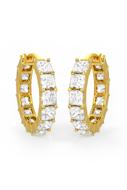 Gold Finish Square-Shaped Cubic Zirconia Crystal Hoop Earrings In Sterling Silver