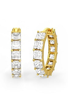 Gold Finish Square-Shaped Cubic Zirconia Crystal Hoop Earrings In Sterling Silver