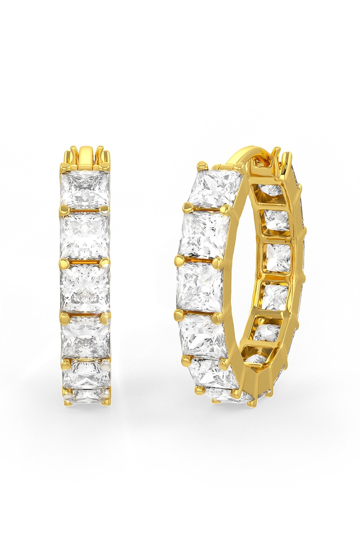 Gold Finish Square-Shaped Cubic Zirconia Crystal Hoop Earrings In Sterling Silver