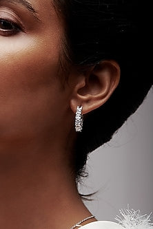 White Rhodium Finish Square-Shaped Cubic Zirconia Crystal Hoop Earrings In Sterling Silver