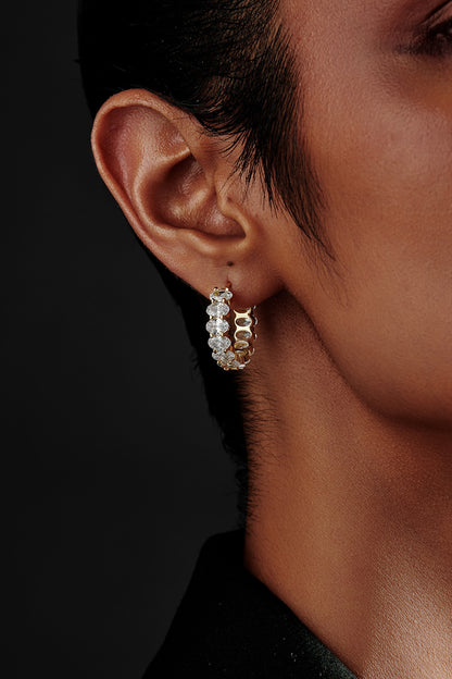 Gold Finish Oval-Shape Cubic Zirconia Crystal Hoop Earrings In Sterling Silver
