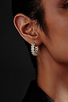 Gold Finish Oval-Shape Cubic Zirconia Crystal Hoop Earrings In Sterling Silver