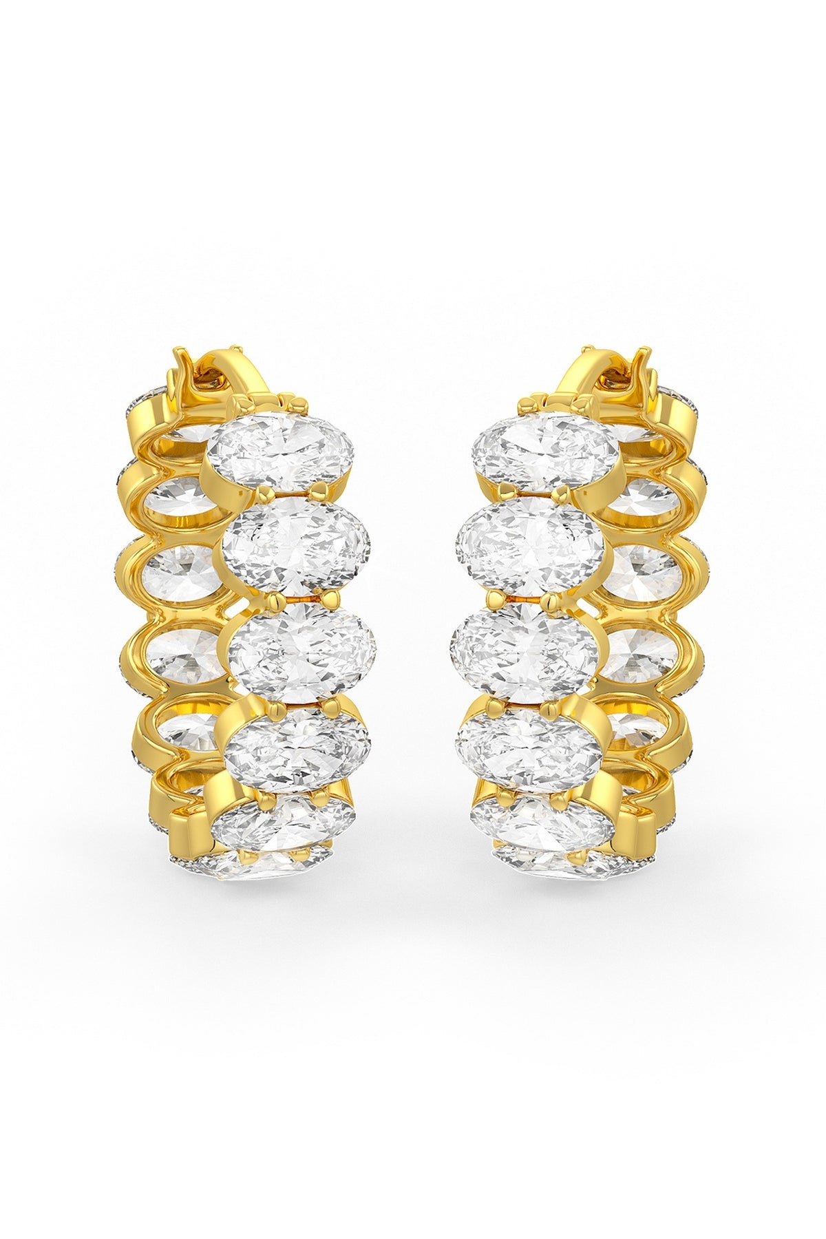 Gold Finish Oval-Shape Cubic Zirconia Crystal Hoop Earrings In Sterling Silver