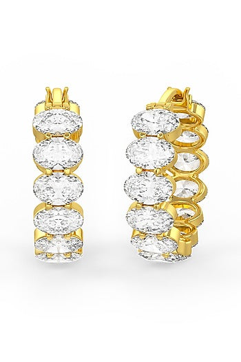 Gold Finish Oval-Shape Cubic Zirconia Crystal Hoop Earrings In Sterling Silver