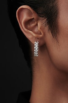 White Rhodium Finish Oval-Shape Cubic Zirconia Crystal Hoop Earrings In Sterling Silver