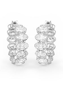 White Rhodium Finish Oval-Shape Cubic Zirconia Crystal Hoop Earrings In Sterling Silver