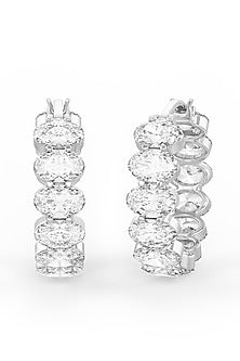 White Rhodium Finish Oval-Shape Cubic Zirconia Crystal Hoop Earrings In Sterling Silver