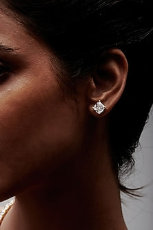 Gold Finish Square-Shaped Cubic Zirconia Crystal Stud Earrings In Sterling Silver