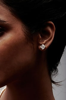 Gold Finish Square-Shaped Cubic Zirconia Crystal Stud Earrings In Sterling Silver
