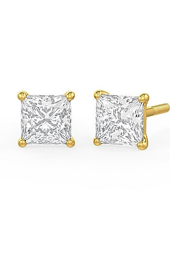Gold Finish Square-Shaped Cubic Zirconia Crystal Stud Earrings In Sterling Silver