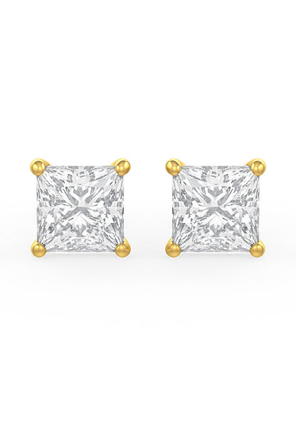Gold Finish Square-Shaped Cubic Zirconia Crystal Stud Earrings In Sterling Silver