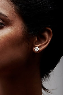 White Rhodium Finish Square-Shaped Cubic Zirconia Crystal Stud Earrings In Sterling Silver