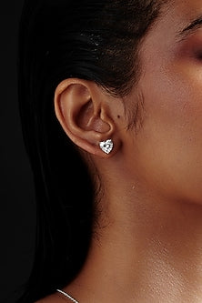 White Rhodium Finish Heart-Shaped Cubic Zirconia Crystal Stud Earrings In Sterling Silver