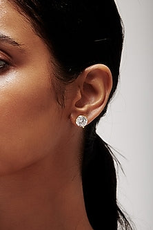 Gold Finish Round Cubic Zirconia Crystal Stud Earrings In Sterling Silver