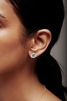 White Rhodium Finish Round Cubic Zirconia Crystal Stud Earrings In Sterling Silver
