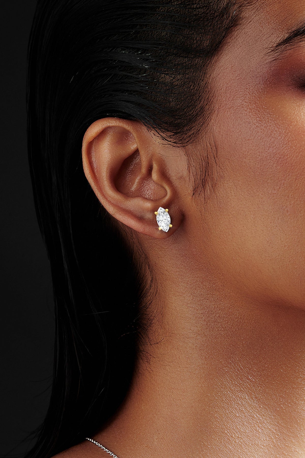 Gold Finish Marquise-Shaped Cubic Zirconia Crystal Stud Earrings In Sterling Silver