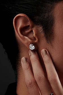 White Rhodium Finish Oval-Shaped Cubic Zirconia Crystal Stud Earrings In Sterling Silver