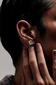 White Rhodium Finish Emerald-Cut Cubic Zirconia Crystal Stud Earrings In Sterling Silver