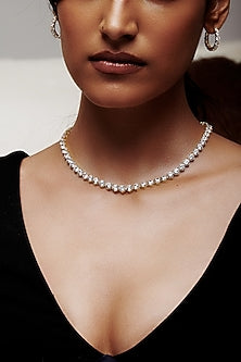 Gold Finish Round Cubic Zirconia Crystal Choker Necklace In Sterling Silver