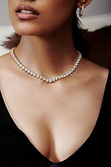 Gold Finish Round Cubic Zirconia Crystal Choker Necklace In Sterling Silver