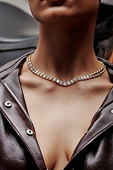 Gold Finish Emerald-Shaped Cubic Zirconia Crystal Choker Necklace In Sterling Silver