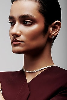 Gold Finish Pear-Shaped Cubic Zirconia Crystal Choker Necklace In Sterling Silver