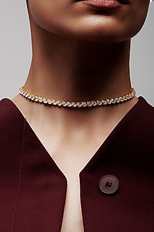 Gold Finish Pear-Shaped Cubic Zirconia Crystal Choker Necklace In Sterling Silver