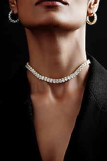 Gold Finish Oval-Shaped Cubic Zirconia Crystal Choker Necklace In Sterling Silver