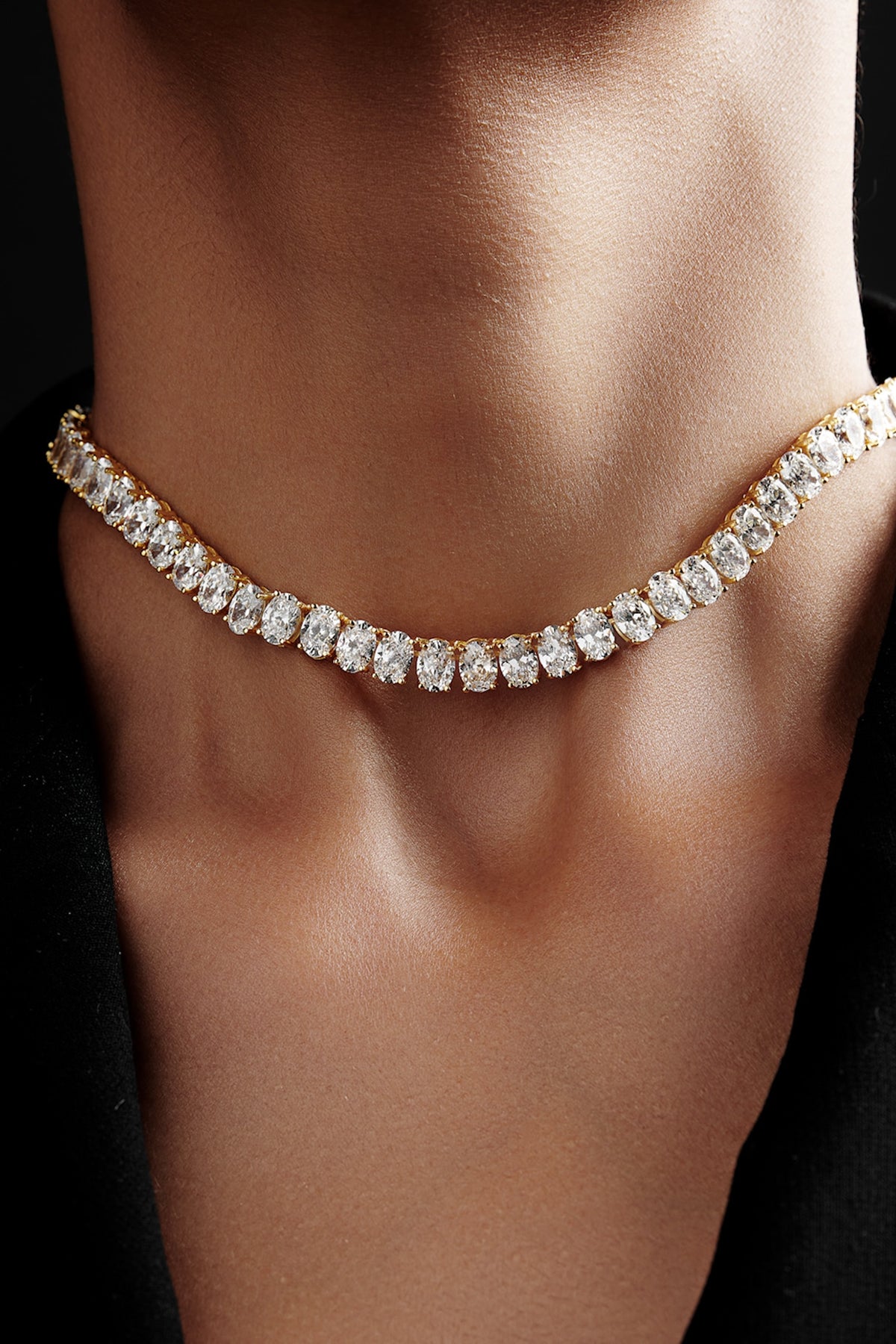 Gold Finish Oval-Shaped Cubic Zirconia Crystal Choker Necklace In Sterling Silver